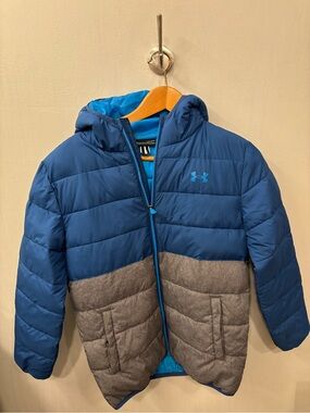 Under Armour Kids Blue and Gray Hooded Puffer Jacket boys size Large 10/12